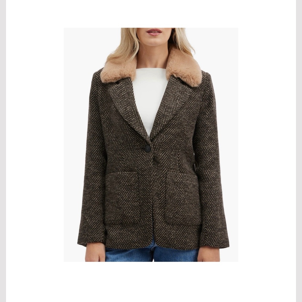 Brown Herringbone Jacket with Faux Fur Collar